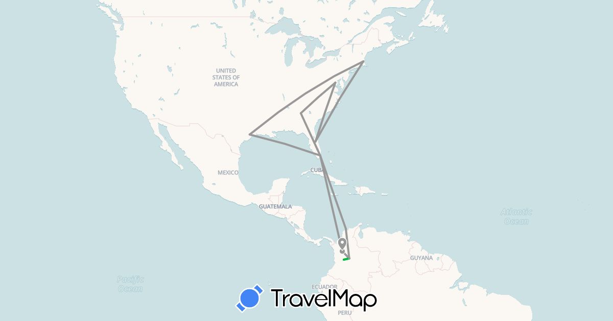 TravelMap itinerary: driving, bus, plane in Colombia, United States (North America, South America)